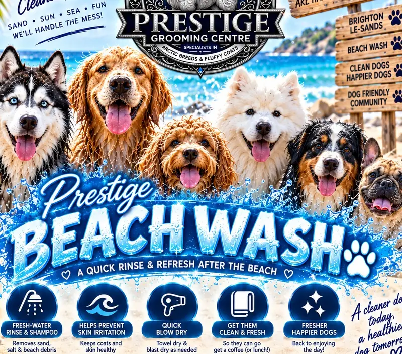 Prestige Beach Wash poster: happy wet dogs on the beach, a quick rinse and refresh after the beach