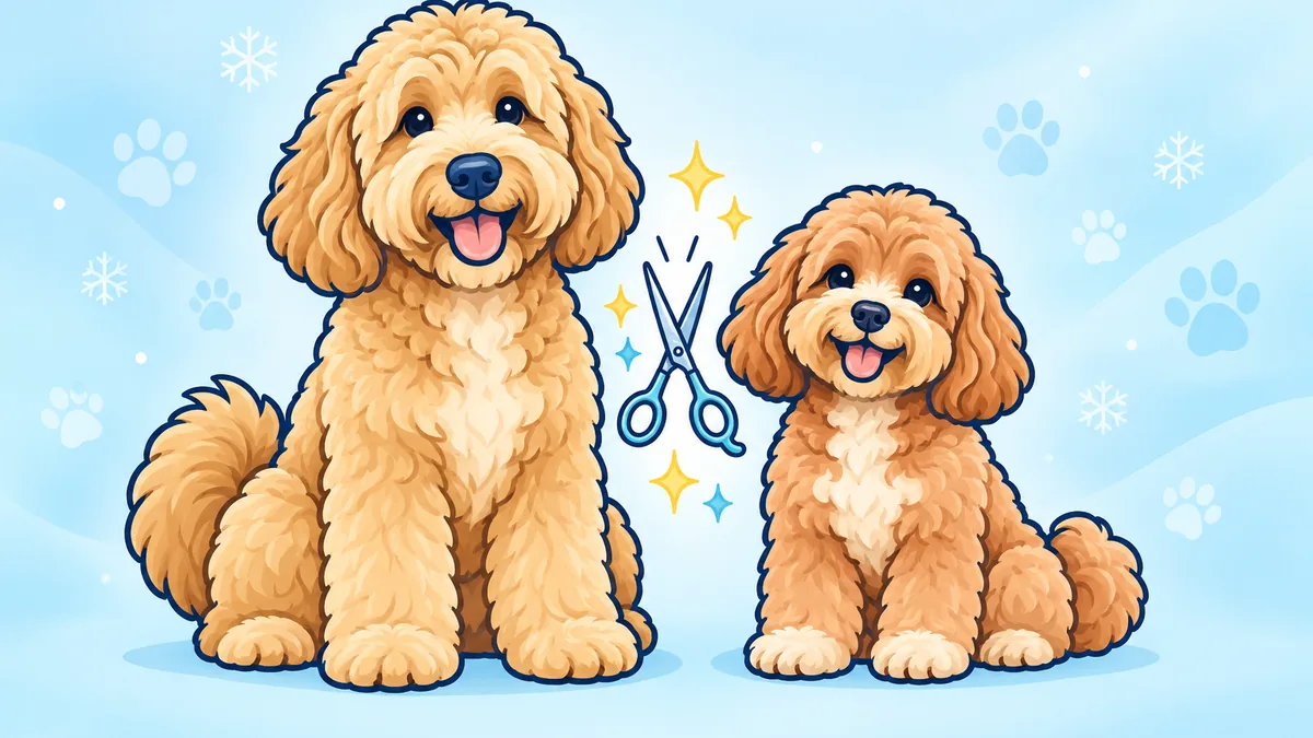 Illustration of a fluffy Groodle and Cavoodle side by side with fresh teddy bear haircuts