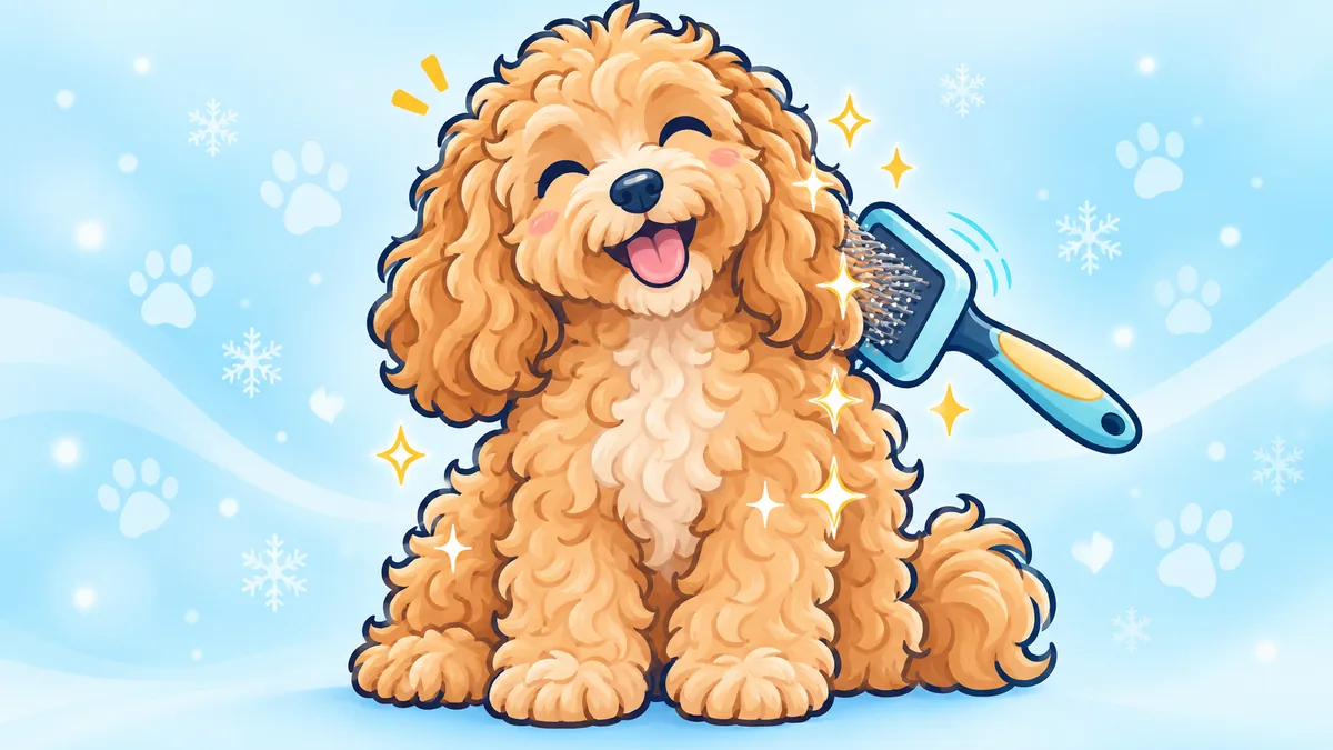Illustration of a curly apricot Cavoodle being brushed with a slicker brush
