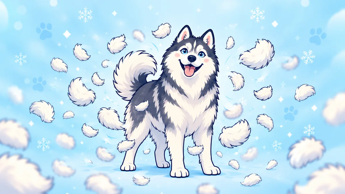 Illustration of a happy Husky surrounded by floating tufts of fluffy fur