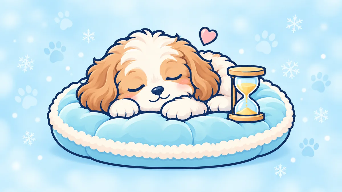 Illustration of a calm fluffy puppy resting on a cushion beside an hourglass