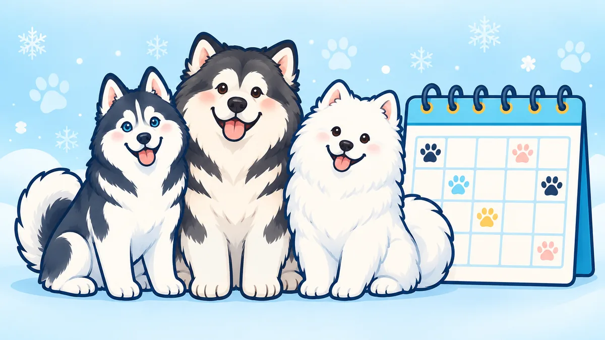 Illustration of a Husky, a Malamute and a Samoyed sitting together next to a calendar