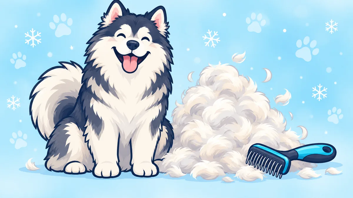 Illustration of a happy Malamute sitting beside a big pile of brushed-out fluffy undercoat and a rake brush