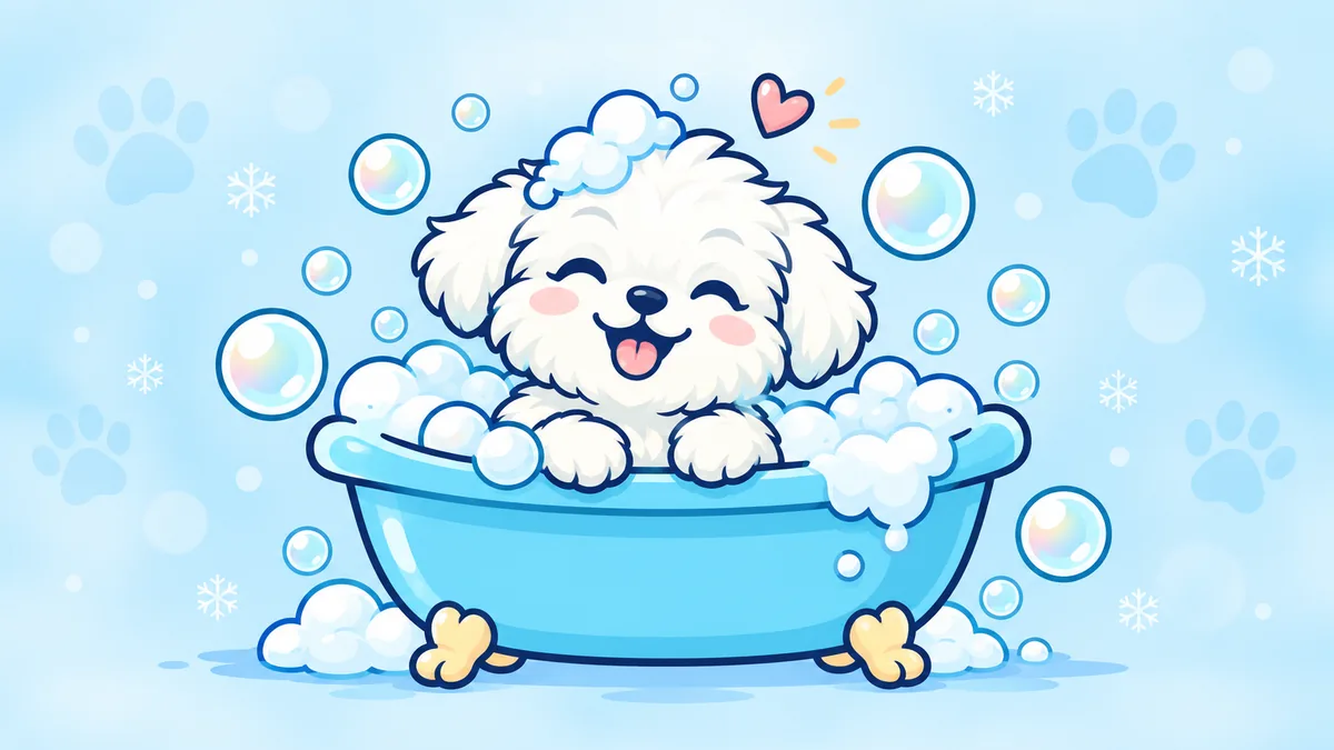 Illustration of a tiny fluffy puppy relaxing in a bubble bath