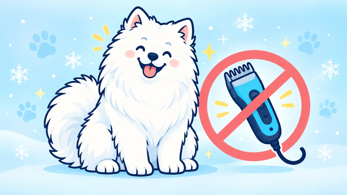 Illustration of a fluffy white Samoyed next to a crossed-out pair of clippers
