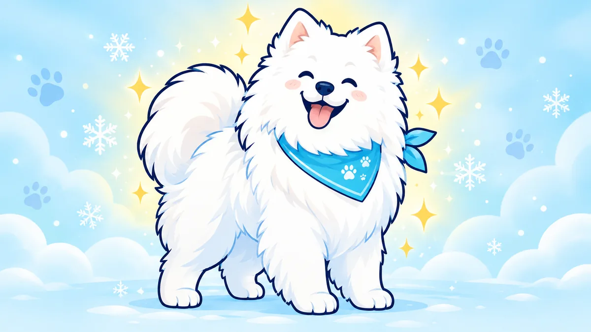 Illustration of a freshly groomed fluffy Samoyed wearing a cyan bandana with sparkles