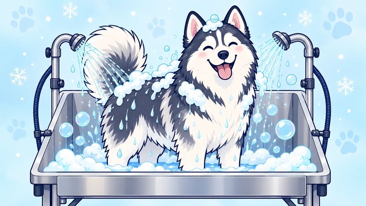 Illustration of a big fluffy Husky standing in a grooming bath with gentle water jets