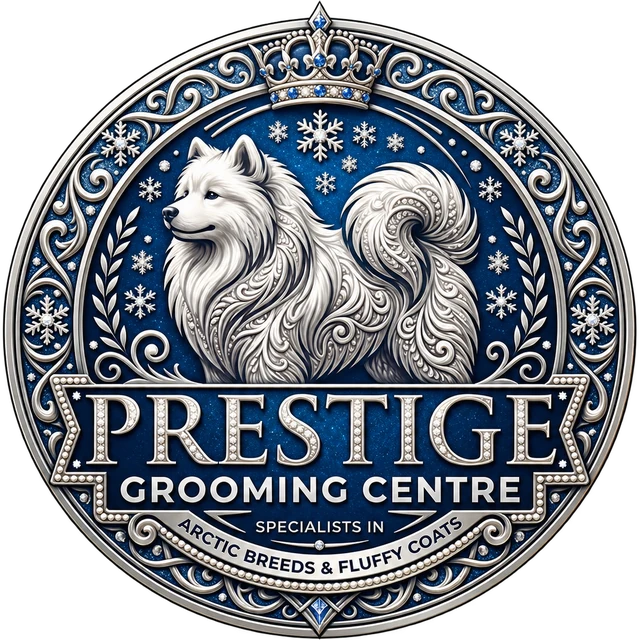 The Prestige Grooming Centre emblem: a crowned Samoyed
