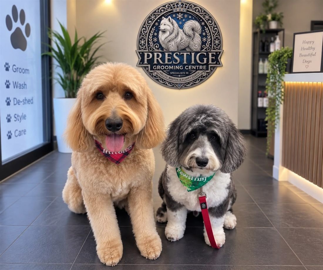 Two freshly groomed oodles sitting in the Prestige Grooming Centre salon